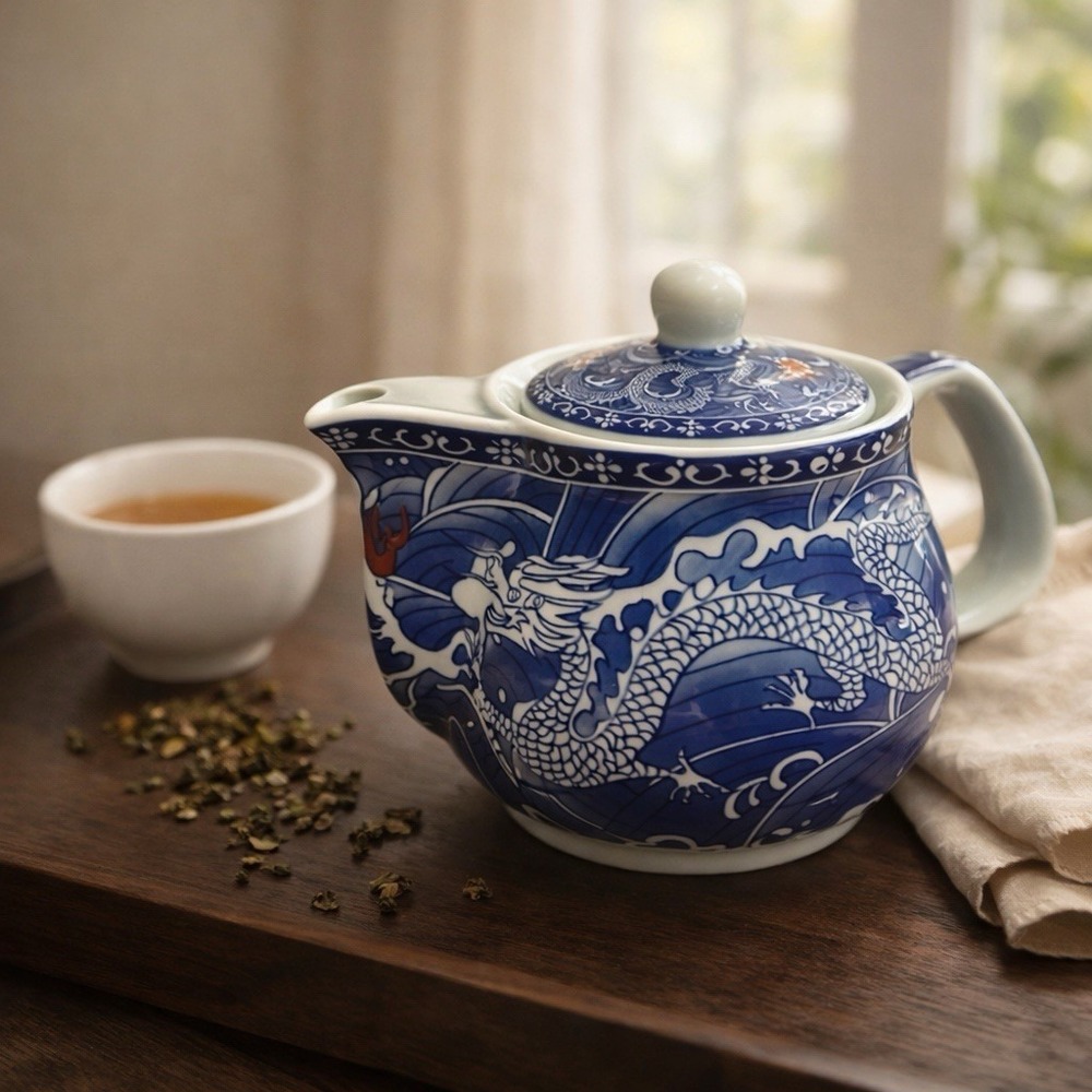 Blue And White Dragon Teapot With Infuser And Lid Porcelain Asian-Style